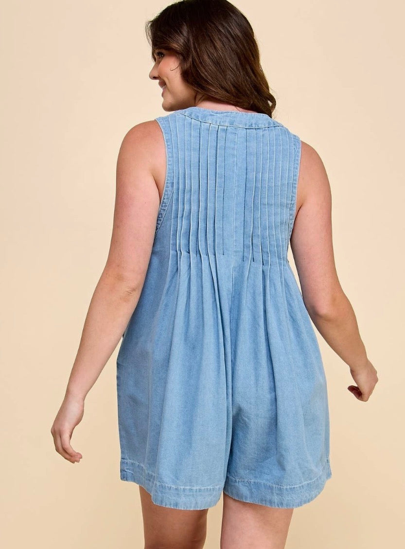 Plus Size Pleated Denim Romper