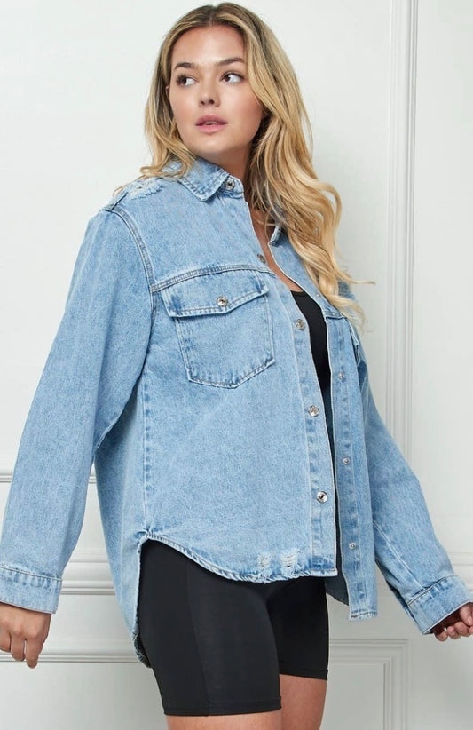 Plus Size Distress Denim Jacket