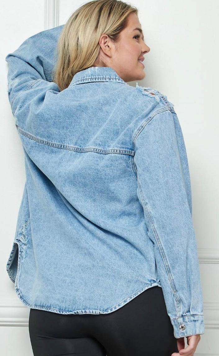 Plus Size Distress Denim Jacket